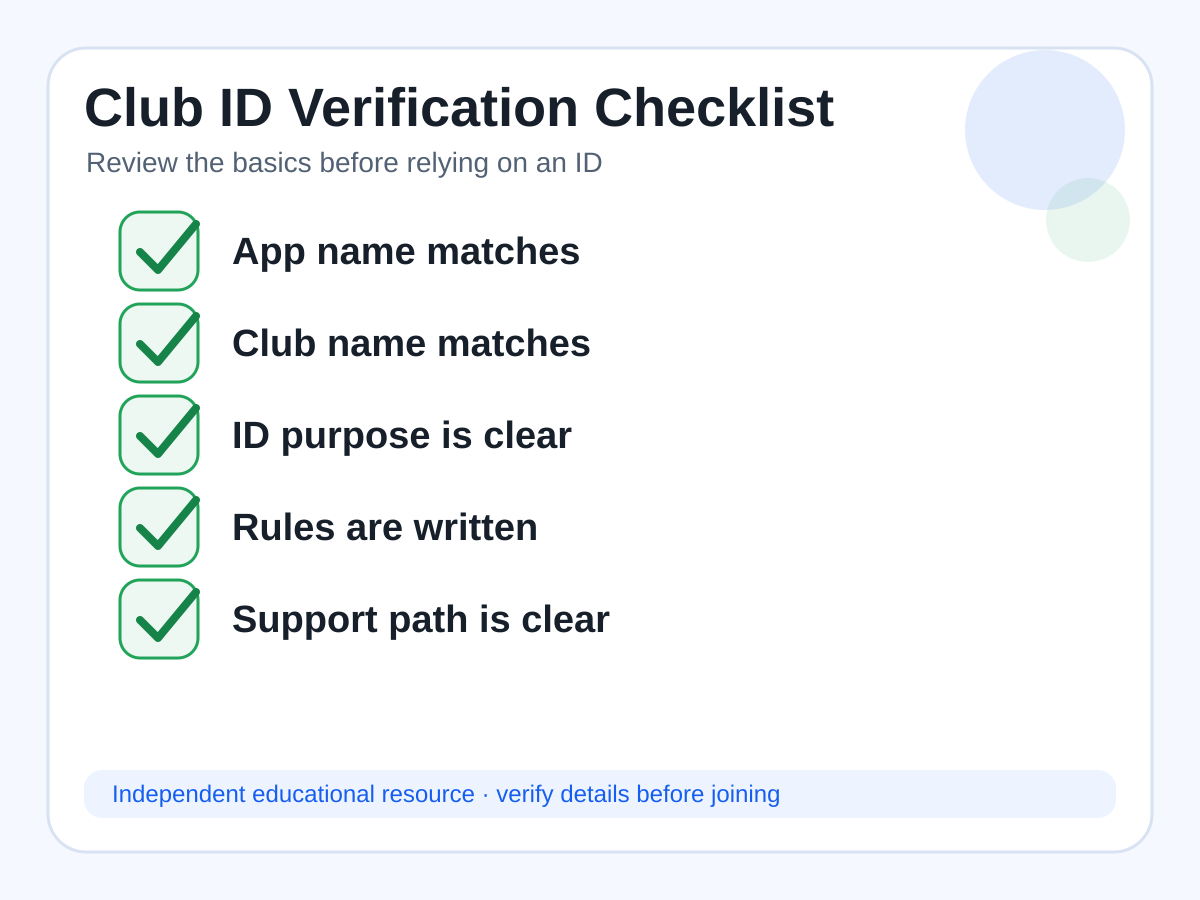 Checklist showing five steps for verifying a private poker club ID before joining.