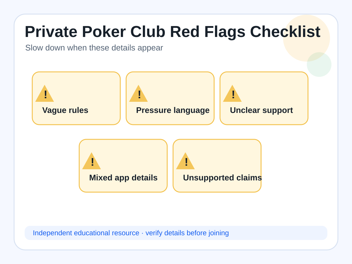 Red flags checklist for reviewing private poker club information before joining.