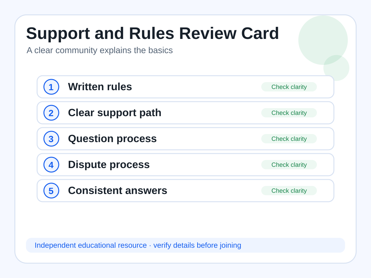 Review card listing support and rules checks for private poker communities.